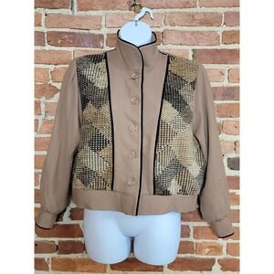 Howard Wolf Jacket Womens Size 14 Brown Piping Trim Mock Neck‎ Button Front USA